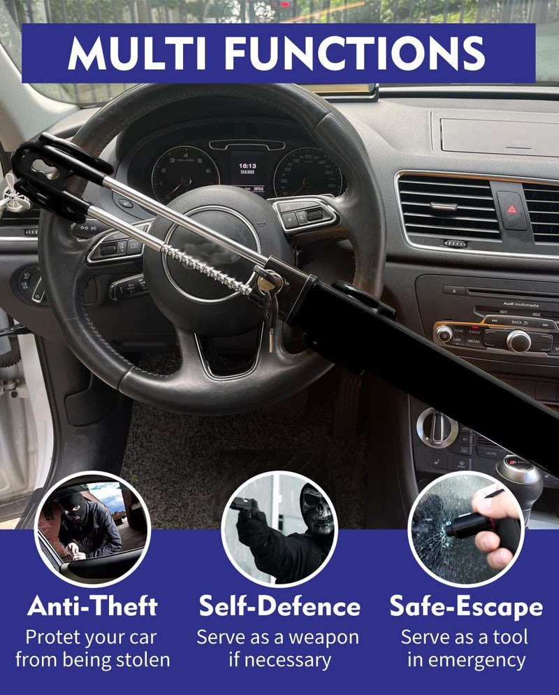 Dodomes Steering Wheel Lock Anti-Theft Heavy Duty Secure Car Device, Adjustable Length Clamp Double Hook Locks Universal Fit (Black) - Image 4